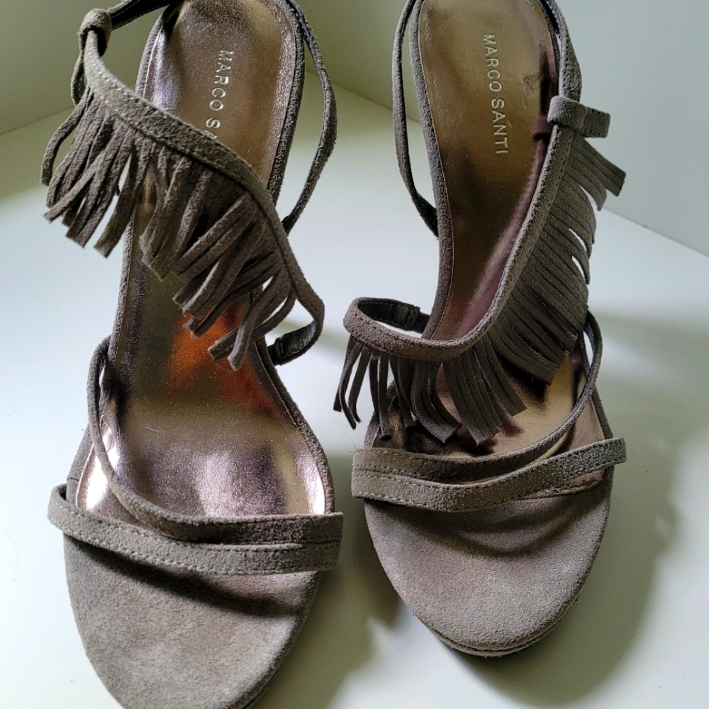 Marco Santi | Grey | Hayley Suede Fringe Slingback Stilletto | 9M | NWOT